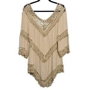 Elan Womens Open Knit Crochet Asymmetrical Boho Coachella Fisherman Top Size L